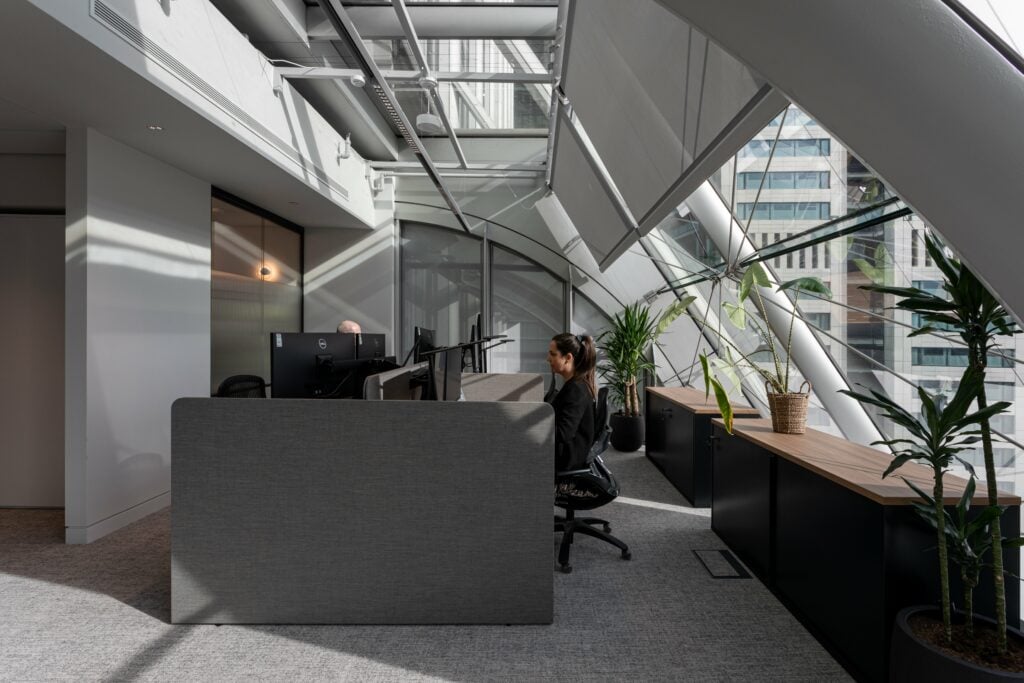 Roller blinds on a sloped façade at CityPoint in London